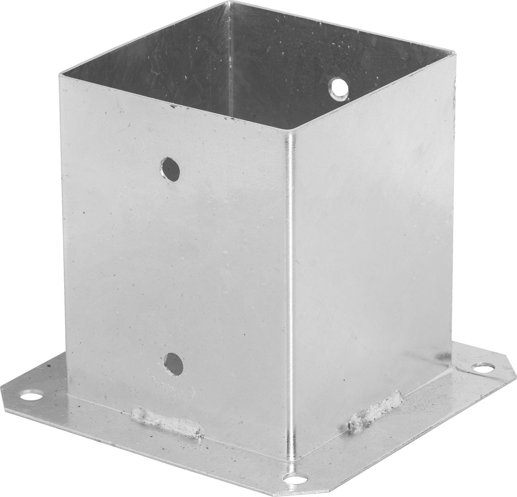 A silver metal post anchor with a square base and a square opening at the top, with holes drilled into the sides and base.