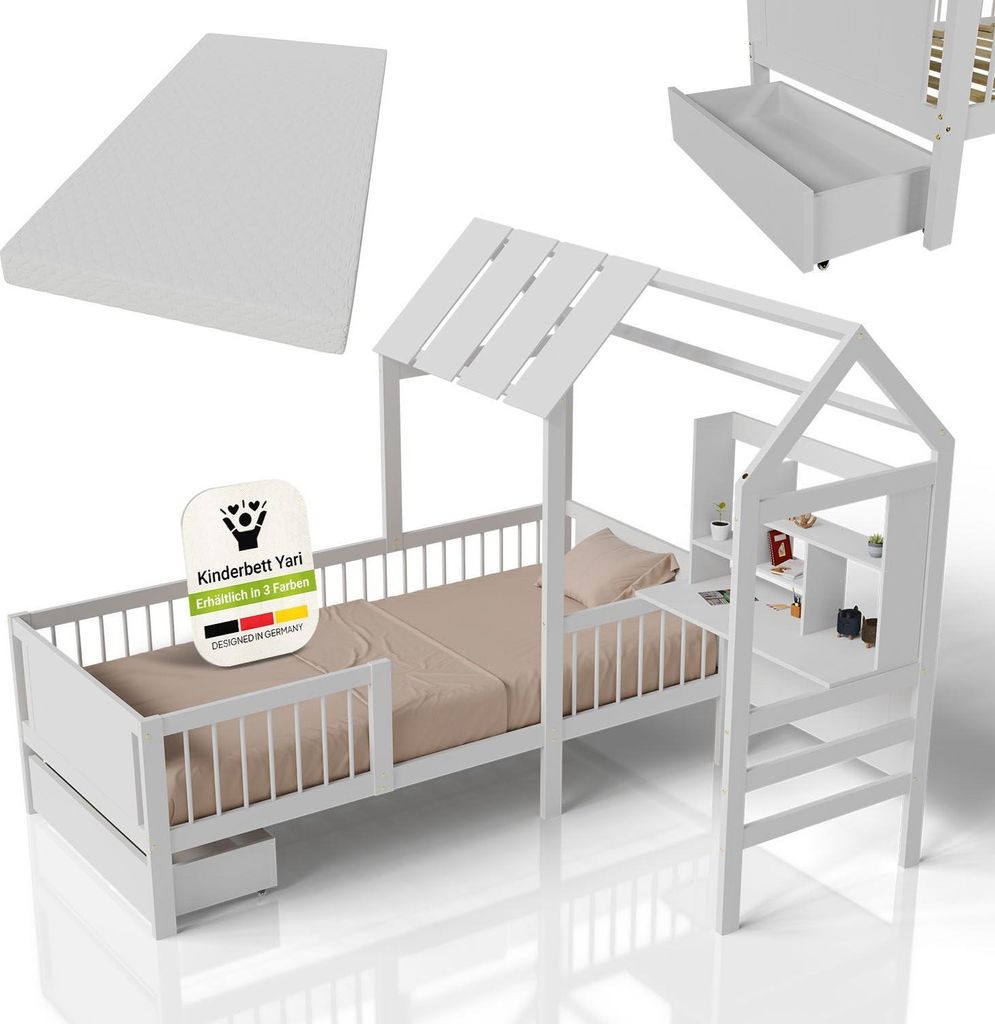 Juskys Kinderbett Yari 90x200 cm mit Matratze - Integrierter Schreibtisch, Praktische Schublade, Massiver Kieferrahmen - weiß