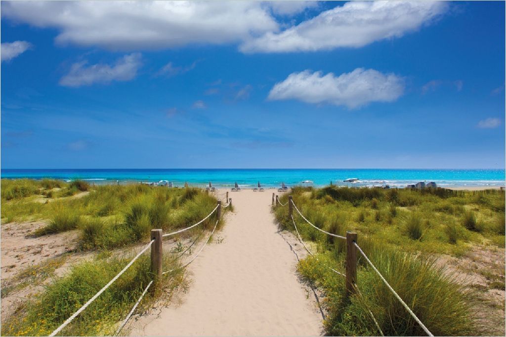 Wallario Poster - Sandweg zum blauen Meer mit blauem Himmel, Kunstdruck Größe: 61 x 91,50 cm