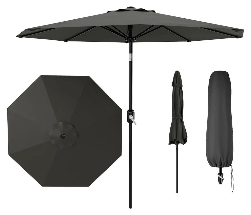 Gartenschirm - Terrassenschirm 2,7 m - Windfest und robust - Kurbel & kippbar - Sonnenschutzdach - Mast aus Zinklegierung - Grau