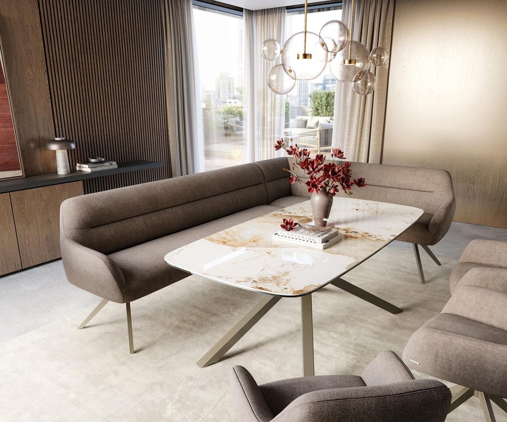 DELIFE Esszimmerbank Taya-Flex 285x190 cm Strukturstoff Soft Taupe Kreuzgestell kantig Effektfinish Titan Taschenfederkern Links