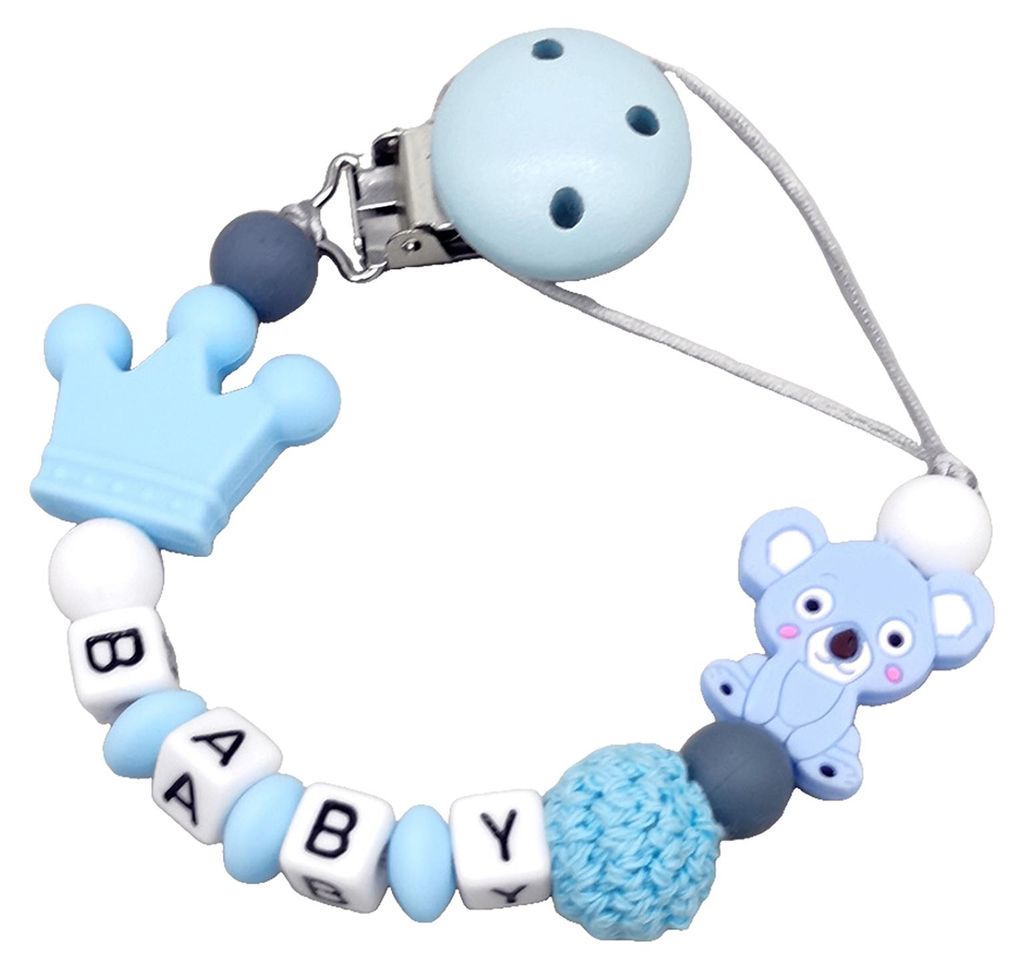 Schnullerclip mit Silikonperlen und Holzbuchstaben, BPA-frei, Beißkette für Babys, Anti-Verlust-Schnullerhalter für Kinderwagen und Autositz