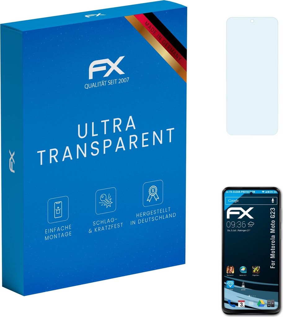 atFoliX FX-Clear 3x Schutzfolie kompatibel mit Motorola Moto G23 Displayschutzfolie