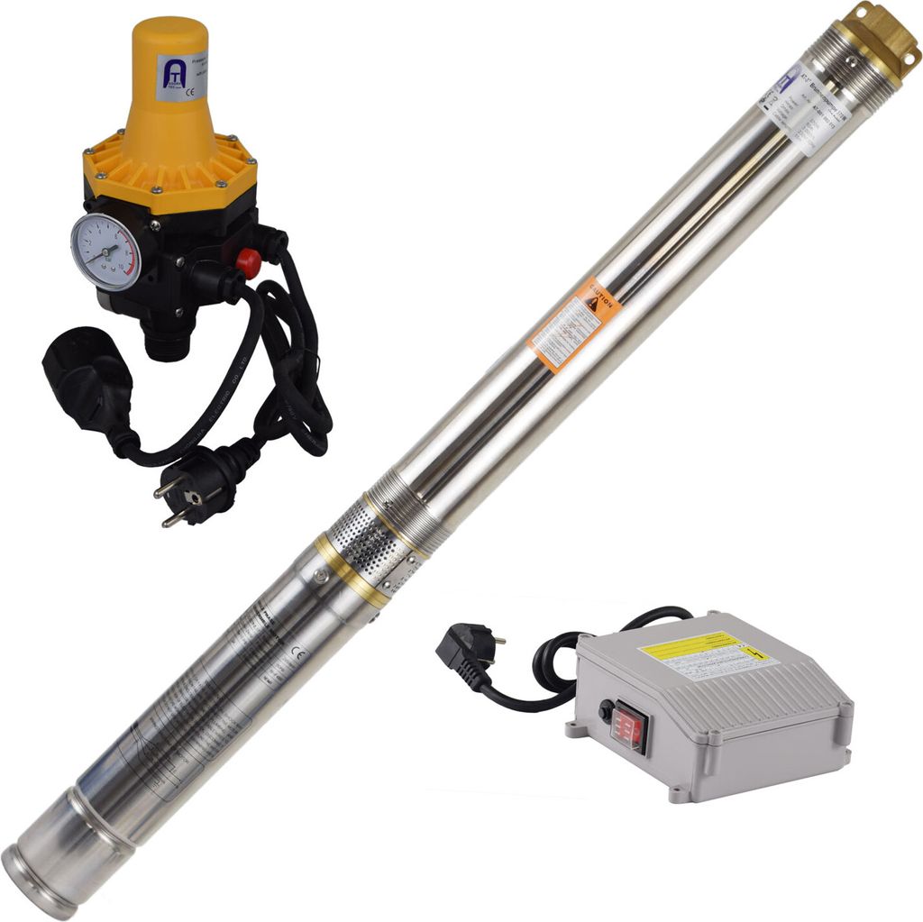 Agora-Tec 3 Zoll Brunnenpumpe Tiefbrunnenpumpe 370W- 3DW Set mit Druckschalter und Trockenlaufschutz