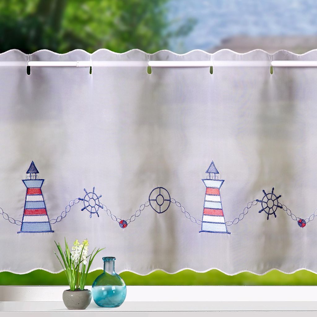 Heimtexland Scheibengardine maritim bestickt Badezimmer Deko Gardine weiß transparent 45x112 Panneau Typ904 Leuchtturm