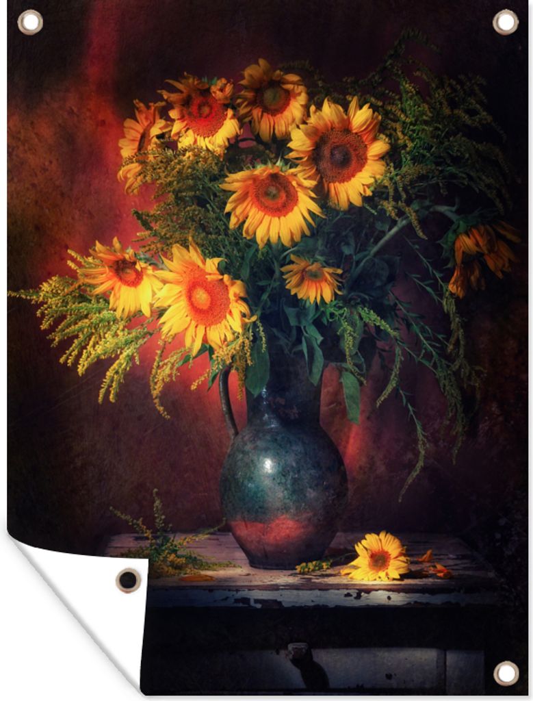 MuchoWow 60x80 cm Outdoor-Poster Gartendeko Sichtschutz Garten Poster für den Garten Sonnenblumen - Vase - Stilleben