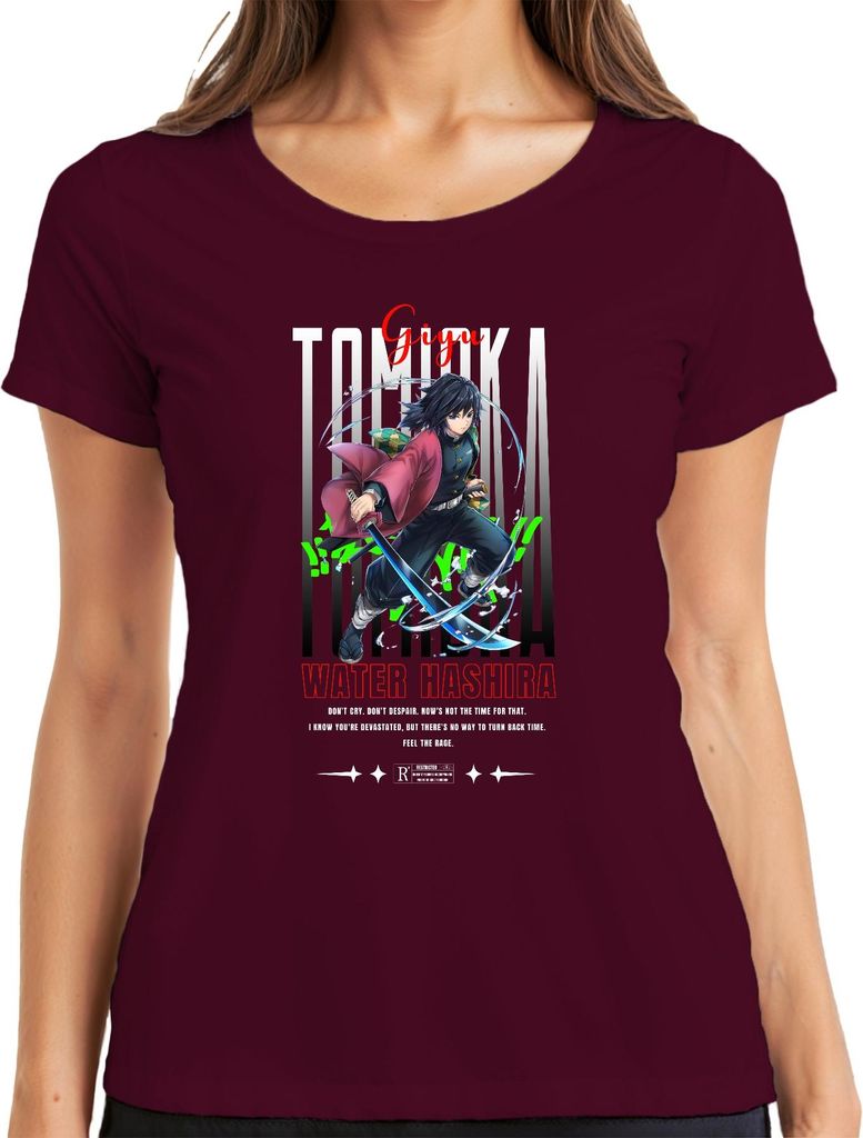 Giyu Tomioka Demon Slayer Water Hashira Katana Anime Cosplay Damen T-Shirt, Burgundy, 3XL