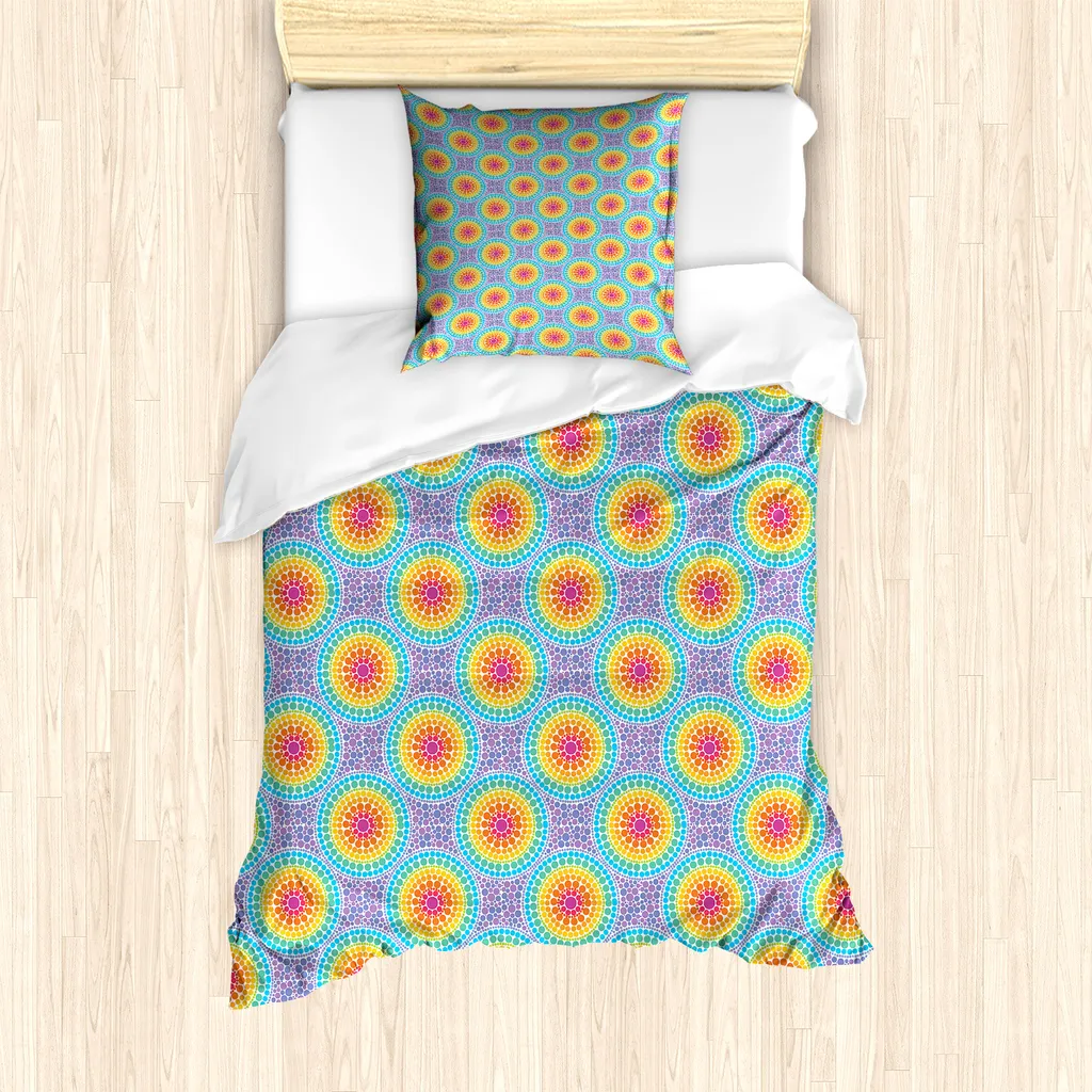 ABAKUHAUS Set copripiumino geometrico per letti singoli, cerchi arcobaleno colorati, antiacaro, adatto a chi soffre di allergie, con federa, 135 cm x 200 cm - 80 x 80 cm, multicolore