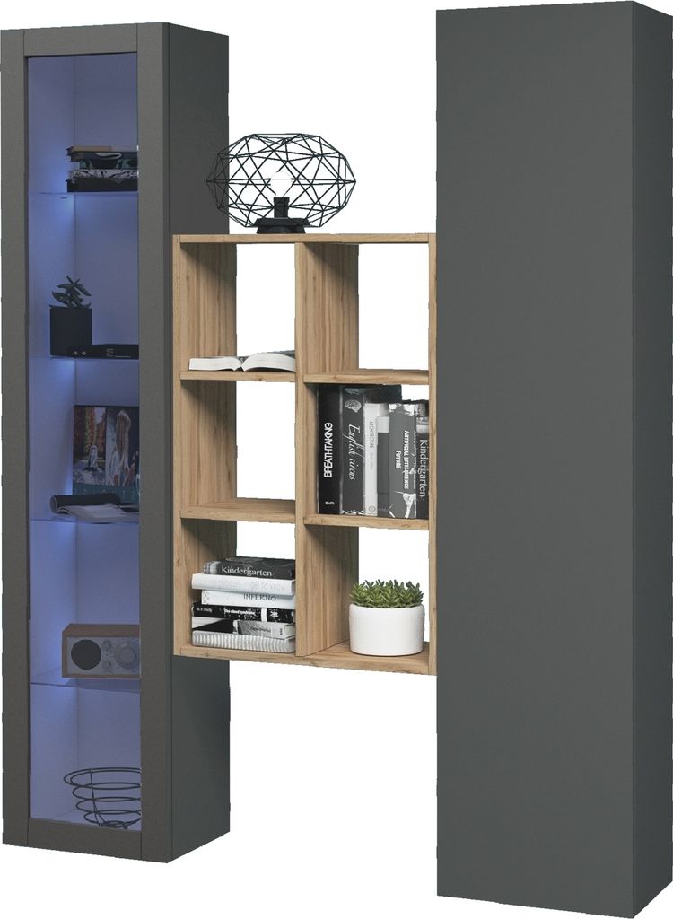 Wohnwand >Benevent< (3-teilig) in Anthrazit matt - 140x180x30 (BxHxT)