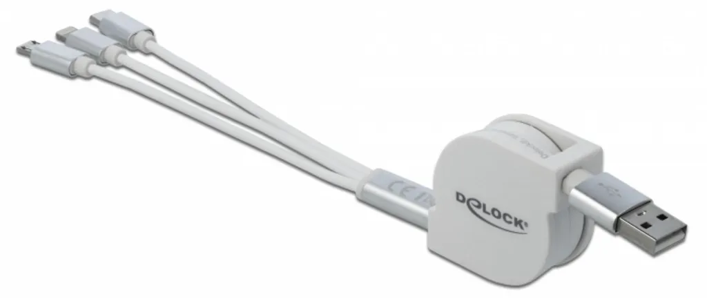 Câble USB 3-en-1 blanc rétractable avec fiches Type C et Micro USB Delock