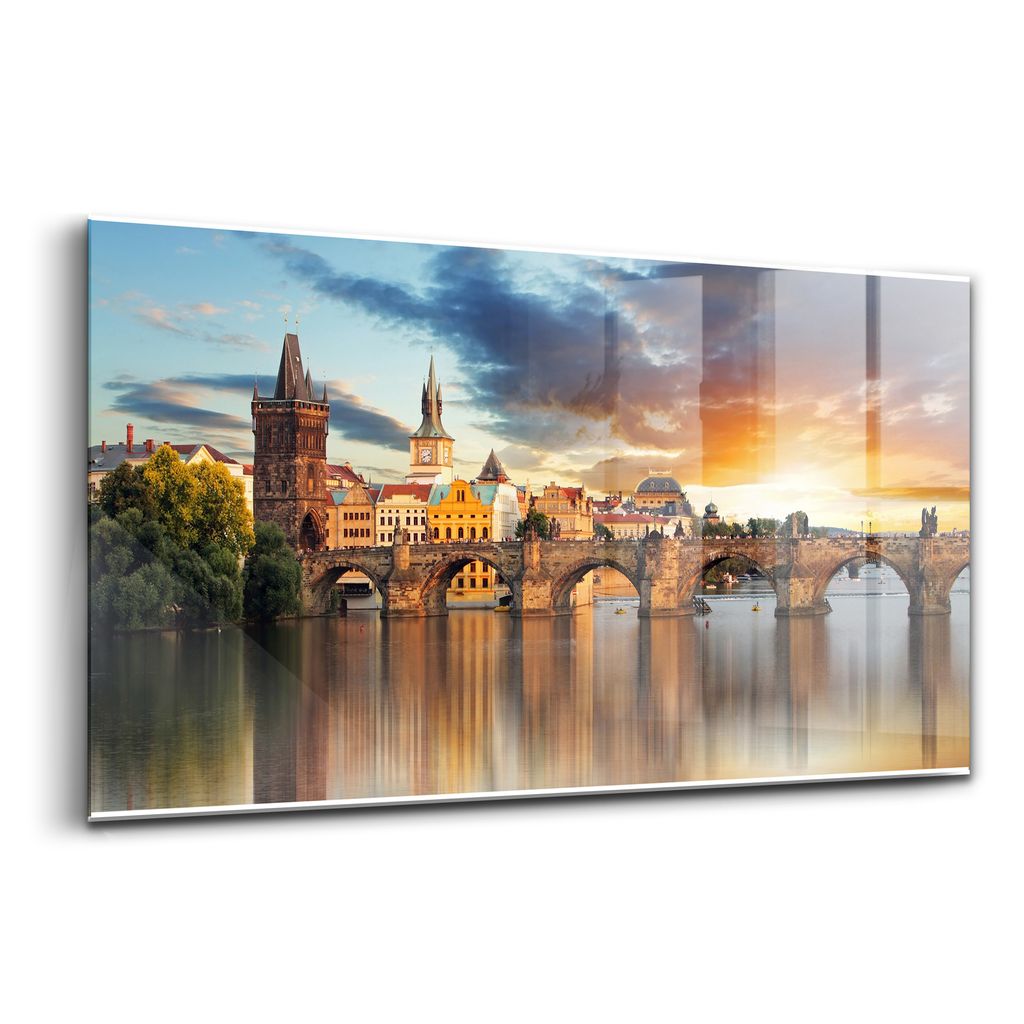 Glasmalerei - dekorative Malerei - moderne Malerei - 100x50 - Panorama einer Stadt und einer Brücke über einen Fluss