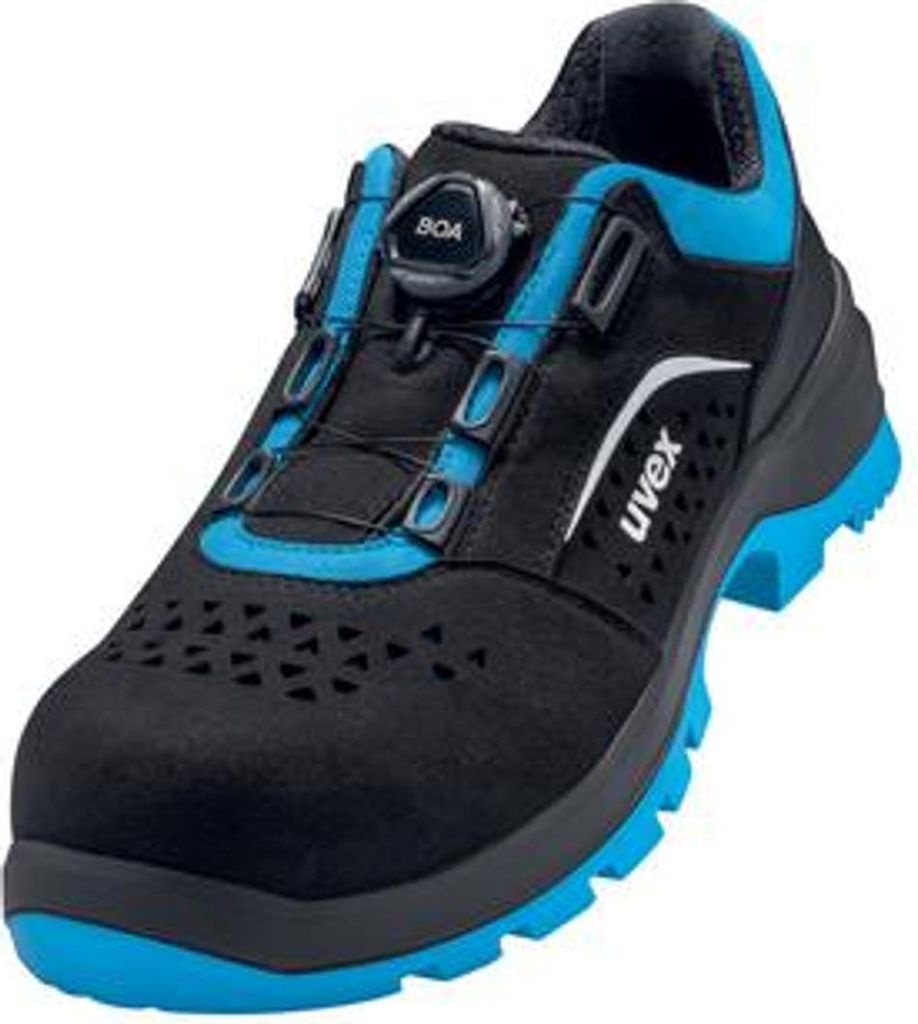 A single black and blue safety shoe with a BOA lacing system.