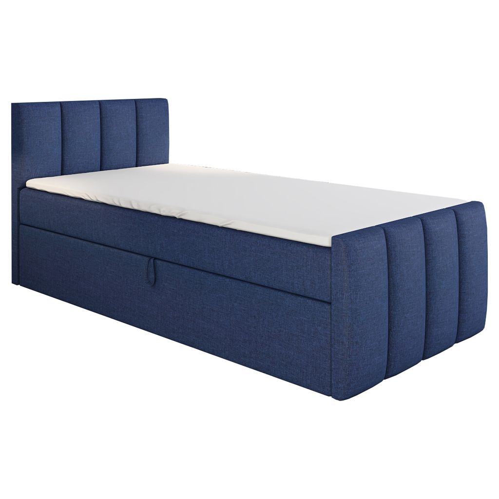 Boxspringbett, Jugendbett FUNI 80x200 (Rechts) mit Bettkästen, Bonell-Matratze und Topper. Farbe: Blau