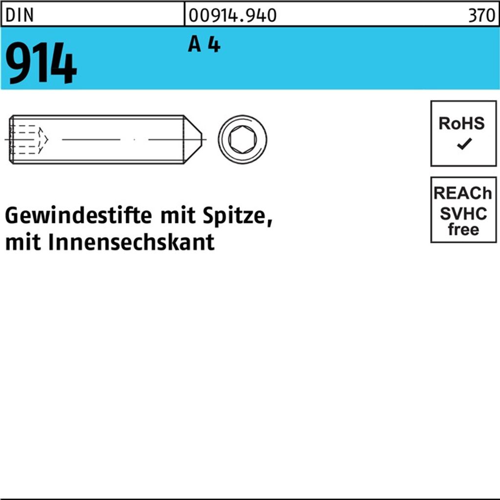 Reyher Gewindestifte DIN 914 A 4 M 3 x 4 A 4 (500 Stück)