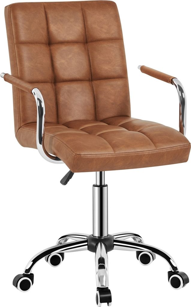 A brown faux leather office chair with chrome accents is shown against a white background.