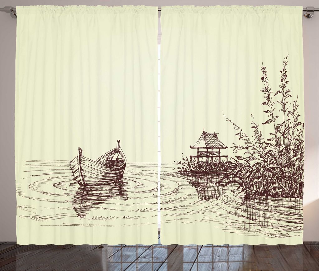 ABAKUHAUS Skizzieren Rustikaler Gardine, Bleistift gezeichnete See und Boot, Wohnzimmer Universalband Gardinen mit Schlaufen und Haken, 280 x 225 c...