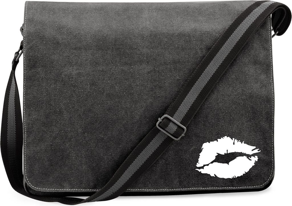 Huuraa Umhängetasche Kussmund Lippen 14 Liter Black Canvas Laptoptasche Geschenkidee