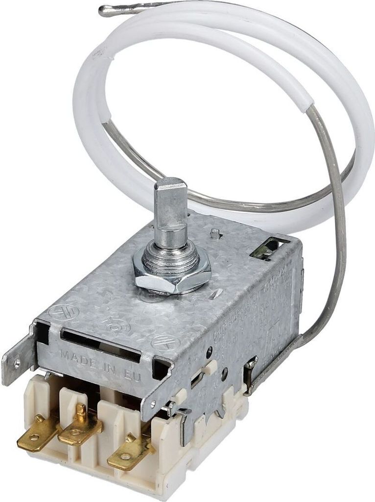 A close-up studio shot of a refrigerator thermostat.