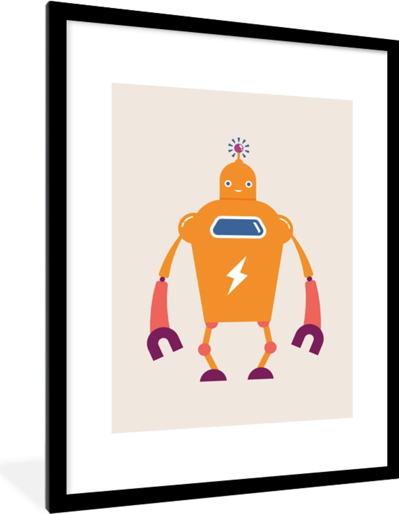 MuchoWow Gerahmtes Poster Roboter - Antenne - Orange - Blitzschlag - Junge - Kinder 60x80 cm - Poster mit Schwarzem Bilderrahmen Wandposter Rahme...
