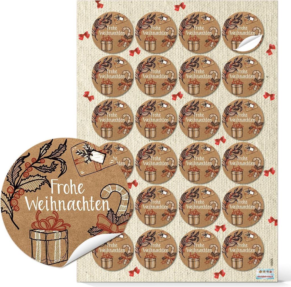 Frohe Weihnachten Sticker braun rot - rund 4 cm - Verzierung für Weihnachtsgeschenke48 Aufkleber / 2 Bögen
