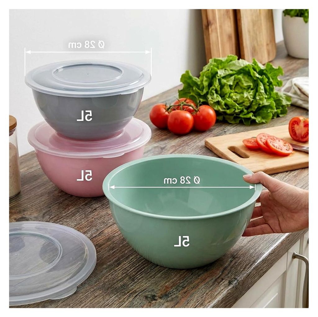 Salatschüssel mit Deckel 3er Set, lebensmittelechter BPA-freier Kunststoff, 5L Volumen, Ø28cm, Hellgrau, Pastellrosa, Pastellgrün