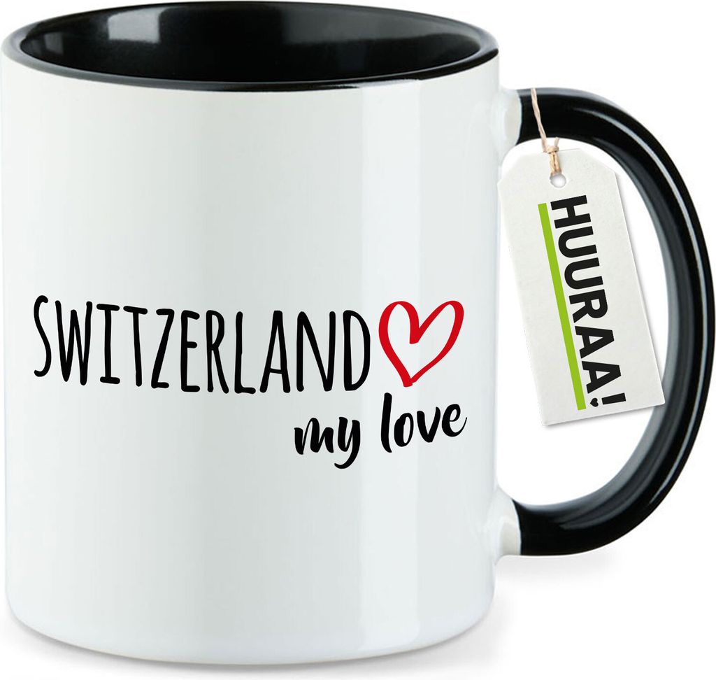 Huuraa Kaffeetasse Switzerland my love 330ml Schwarz Keramik Kaffeebecher Geschenkidee