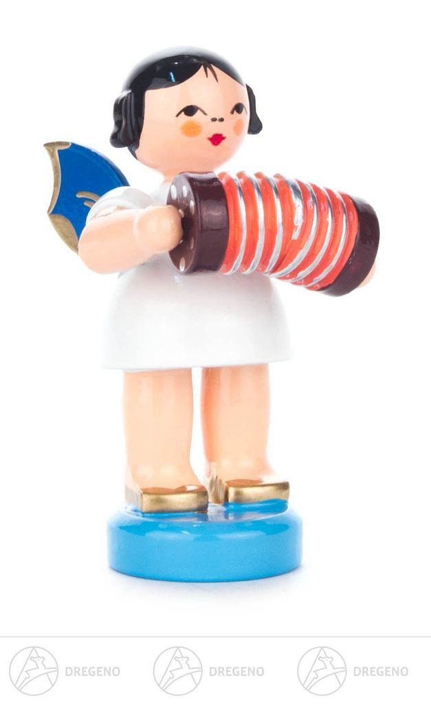 Engel mit Konzertina - Blaue Flügel - stehend (6cm) von Kunstgewerbe Uhlig