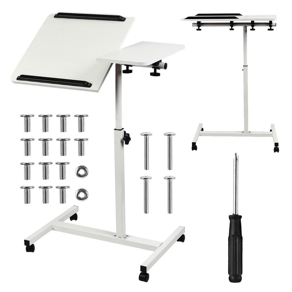 A collage showing a white height-adjustable rolling laptop desk and its components, including screws and a screwdriver.