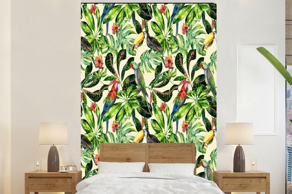 MuchoWow Fototapete für Wohnzimmer oder Schlafzimmer Wandtapete Vinyl Motivtapete Blumen - Vogel - Blätter - 180x280 cm - Wallpaper