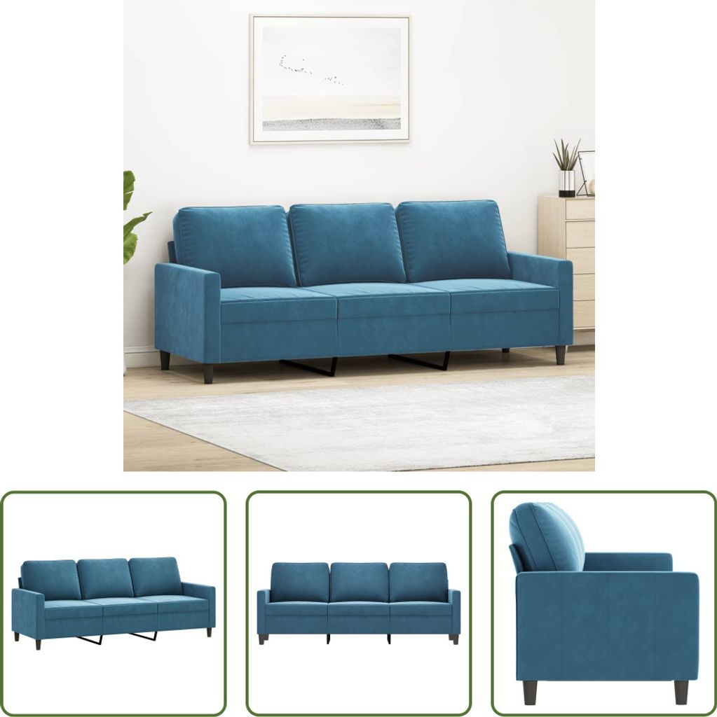 The Living Store 3-Sitzer-Sofa Blau 180 cm Samt