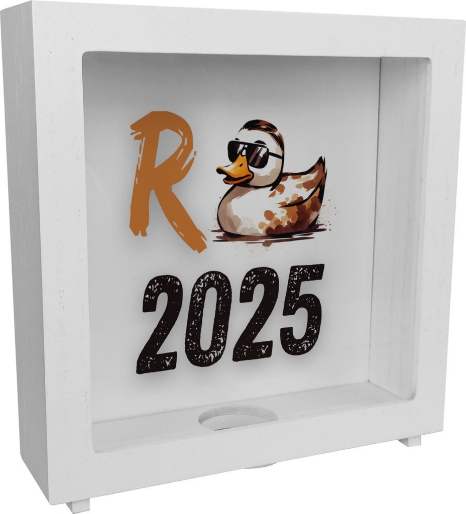 Ente mit Sonnenbrille Rahmen Spardose aus Holz mit Spruch Rente 2025