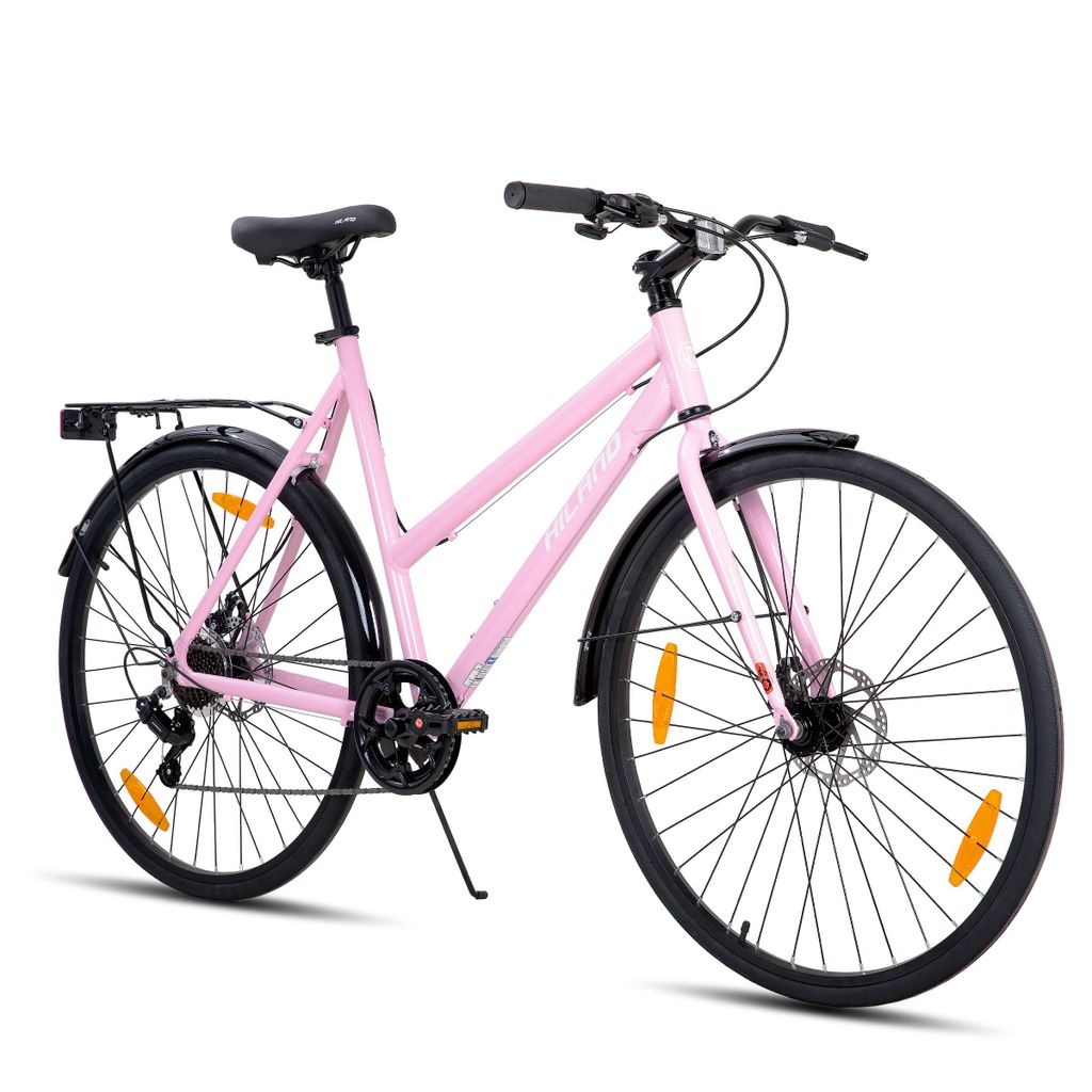 HILAND Cityrad 700C Herren Damen Student Aluminiumlegierung Pendler Stadtfahrrad, 7-Gang, mit Schutzblechen, Gepäckträger, Mechanische Scheibenbr...