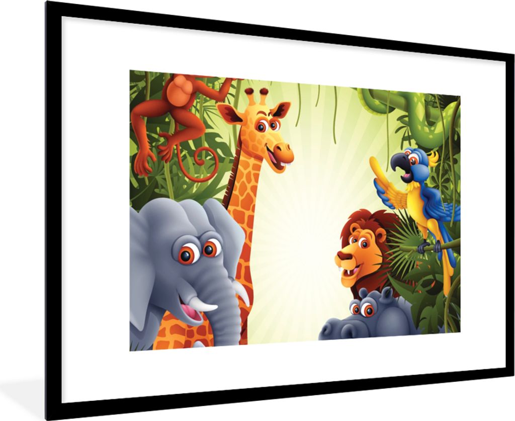 MuchoWow Gerahmtes Poster Dschungel - Jungen - Mädchen - Baby - Elefant - Löwe - Giraffe 90x60 cm - Poster mit Schwarzem Bilderrahmen Wandposte...
