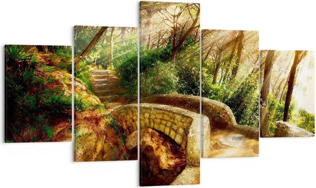 Bild auf Leinwand - Leinwandbild - Pfad Steinbrücke Wald Herbst - 125x70cm - Wand Bild - Wanddeko - Leinwanddruck - Bilder - Kunstdruck - Wanddeko...