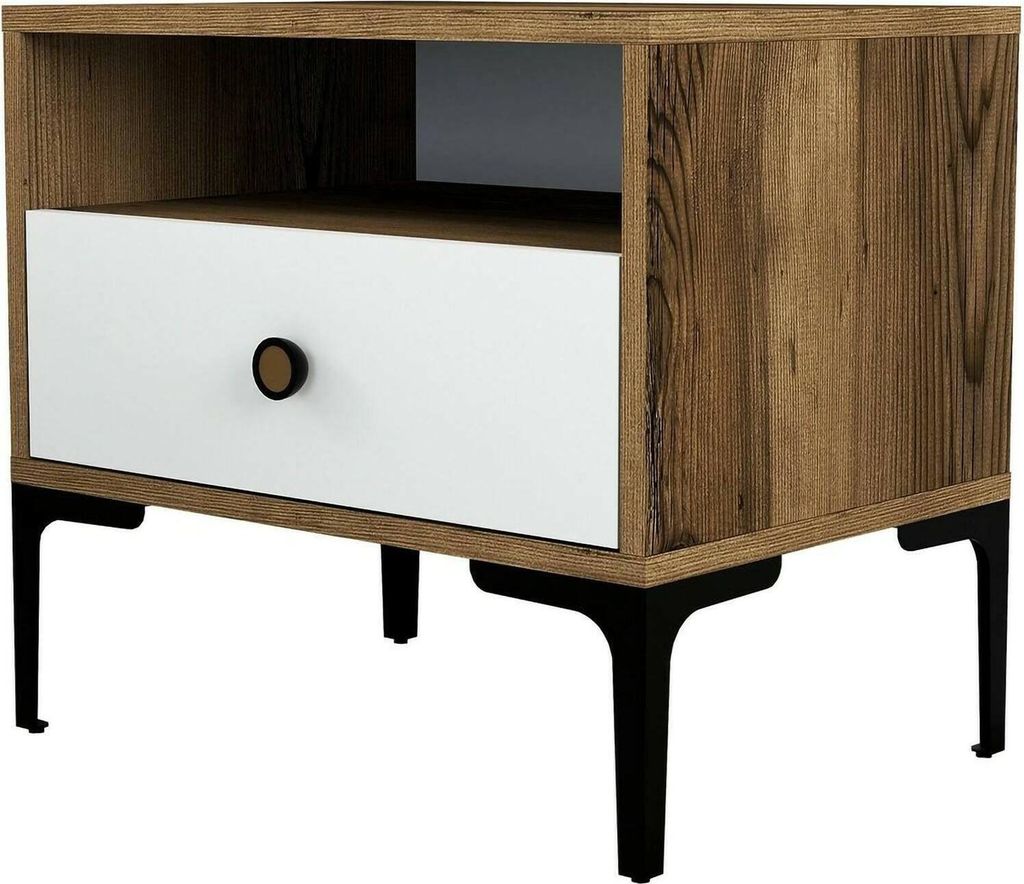Nachttisch Dpidon, Niedrige Kommode, Tisch, Multifunktionaler Nachttisch, 56x40h51 cm, Walnuss und Weiß