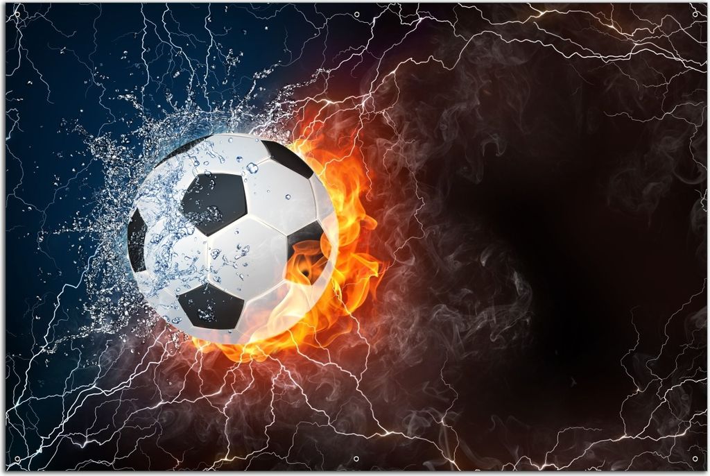 Wallario Outdoor-Poster für Garten oder Balkon, Motiv Fußball - Feuer und Wasser, in ca. 61 x 91,50 cm