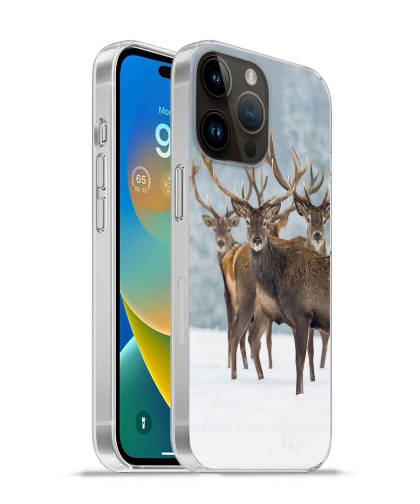 MuchoWow Handyhülle Schutzhülle Hülle für Apple iPhone 14 Pro Max Hirsche - Tiere - Schnee - Winter - Landschaft - Natur Silikon Softcase Han...