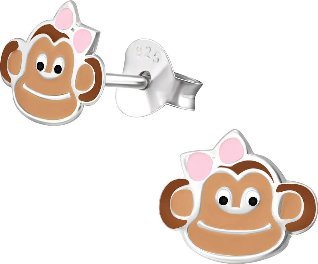 Kinder Ohrringe Ohrstecker 925 Sterling Silber Affenkopf mit pinker Schleife