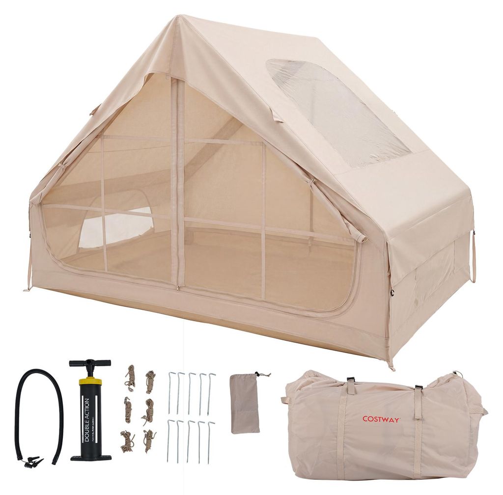 COSTWAY Aufblasbares Zelt für 4 Personen, Campingzelt Luftzelt mit Tür, Mesh-Fenstern, Dachfenster, Luftpumpe & Tasche, Familienzelt 295x205x200cm