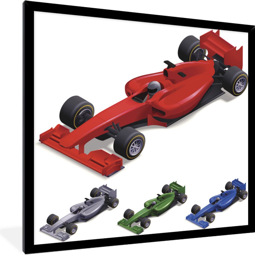 MuchoWow Gerahmtes Poster Verschiedenfarbige Rennwagen aus der Formel 1 in einer Illustration 40x40 cm - Poster mit Schwarzem Bilderrahmen Wandpo...