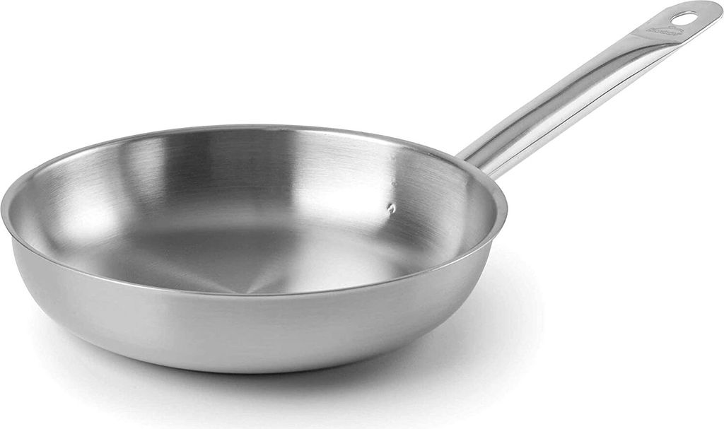 A stainless steel frying pan is shown against a white background.