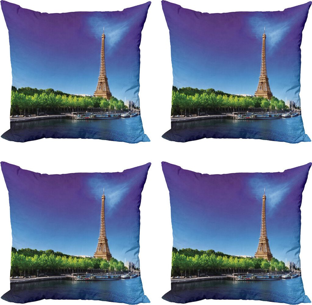 ABAKUHAUS Eiffelturm Kissenbezug Set (4 Stück), Eiffel am Sonnenaufgang, Moderner Doppelseitiger Digitaldruck, 40 cm x 40 cm, Marine-Blau-Grün-Creme