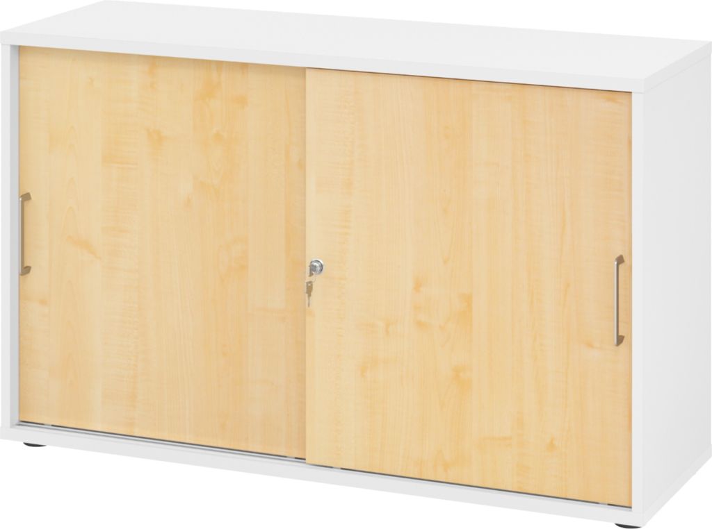 bümö Schiebetürenschrank office - 2 Ordnerhöhen - Griff: Bügelgriff (Metall), Nachbildung: Weiß/Ahorn
