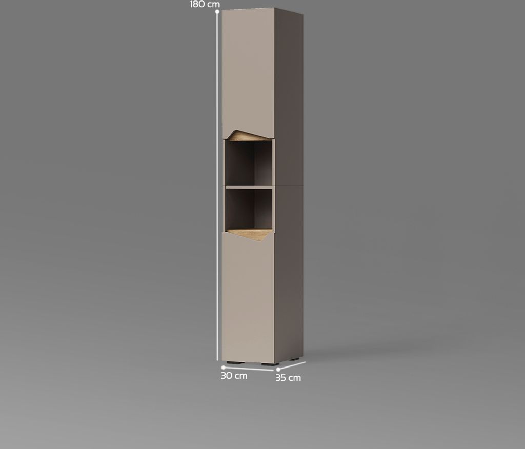 A tall, narrow cabinet with open shelves and a closed lower section, shown against a plain gray background with dimensions indicated.