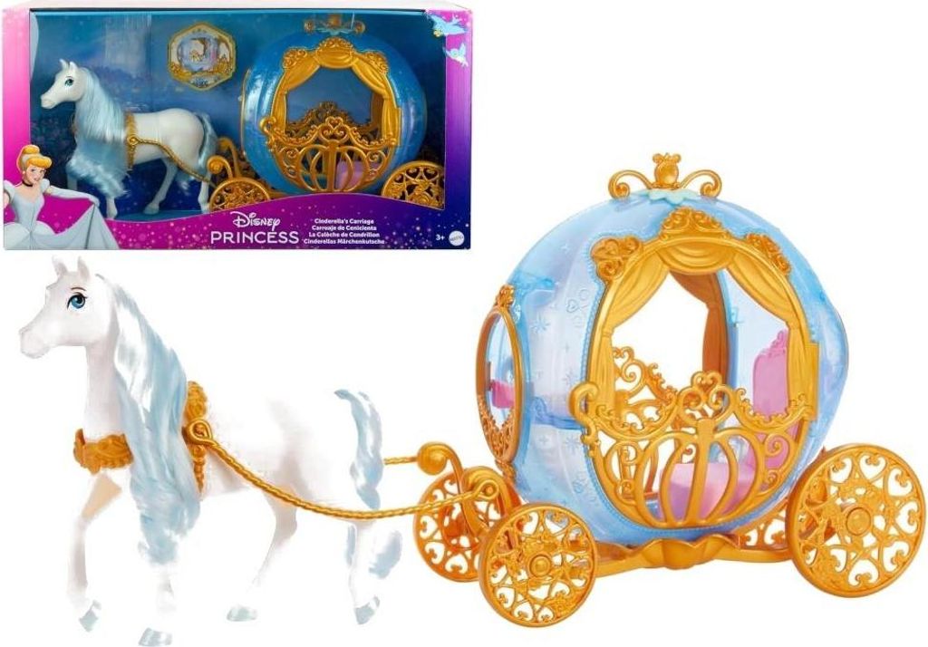 A toy Cinderella carriage with a horse, shown both in its packaging and as a separate display.