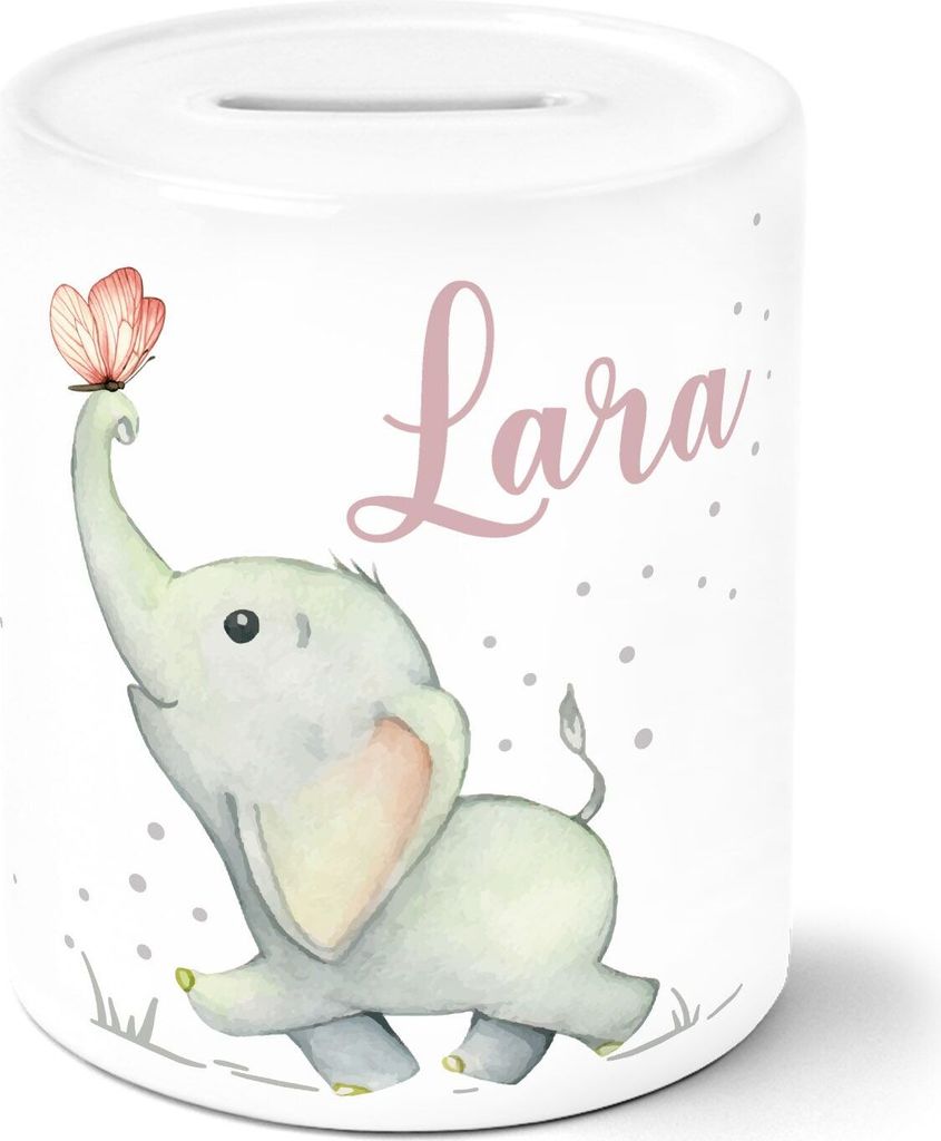 Kinder Spardose mit Namen personalisiert Elefant Schmetterling Tiermotiv Tiere Sparschwein Keramik SpecialMe weiß unisize