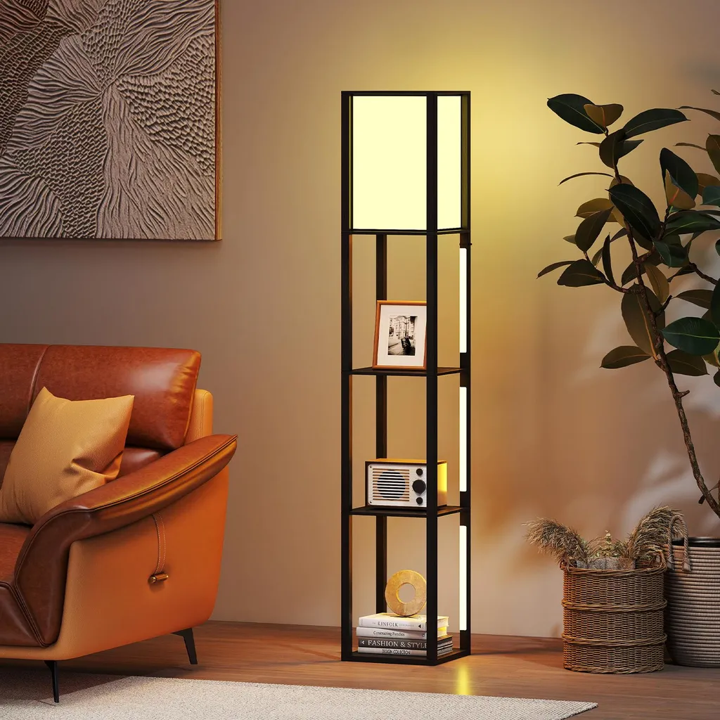 Lampe sur pied étagère moderne en bois avec éclairage LED variable - 2
