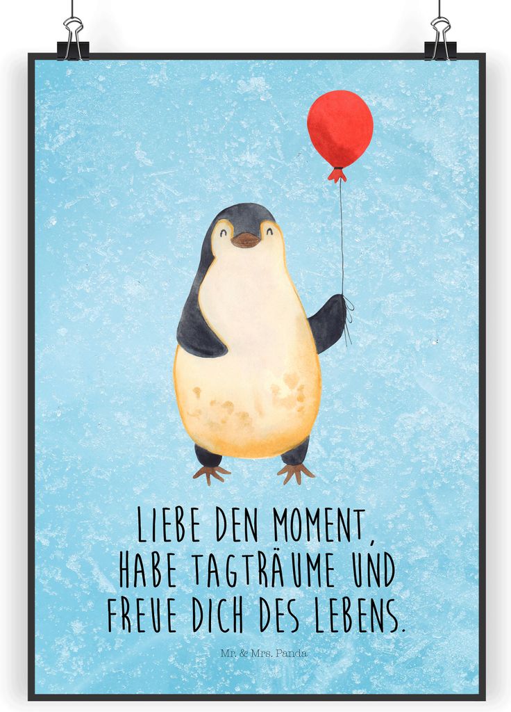 Mr. & Mrs. Panda Bild Pinguin Luftballon DIN A4 - Eisblau - Geschenk, Motivation, Neustart, Plakat, Wandbild, Beste Freundin, Liebe, Wanddekoration...