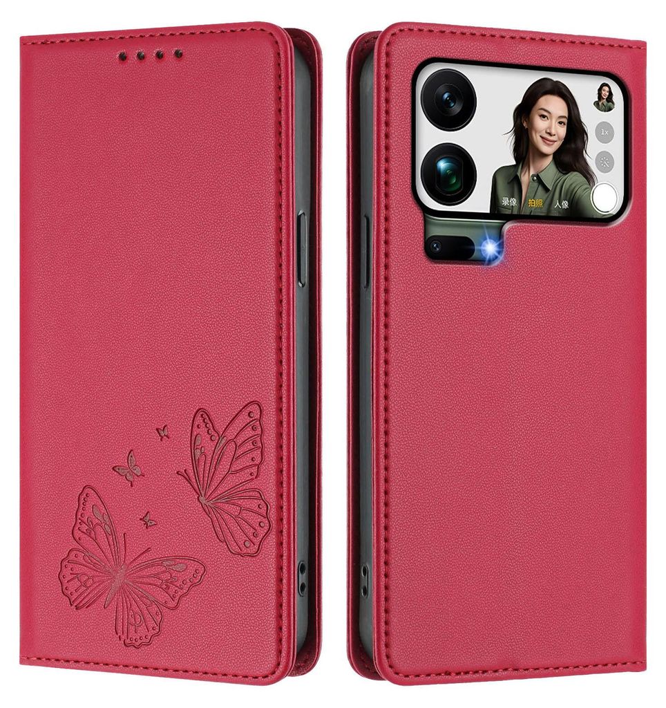 Lederhülle für Xiaomi 17 Pro Max, Schmetterling Prägung Leder Brieftasche Schutzhülle mit Ständer Rot