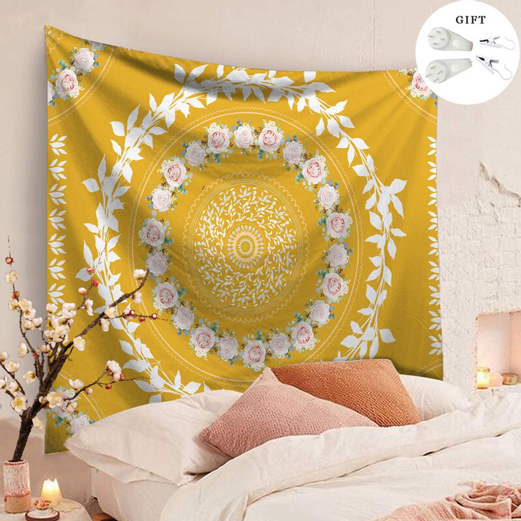 Tapestry Wall Hanging Bohemian, Zodight Mandala Floral Medallion Hippie Tapestry with White Aesthetic Wreath Design,Gelber Kranz/200X150CM